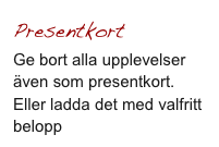 Presentkort
Ge bort alla upplevelser även som presentkort. Eller ladda det med valfritt belopp.